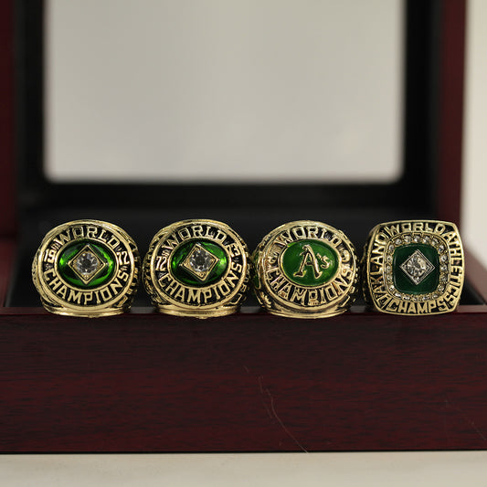 1972 1973 1974 1989 Oakland A's Championship Rings Set With Brown Wooden Display Box