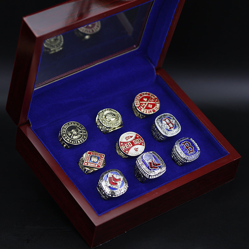 9pcs Boston Red Sox Rings With Brown Wooden Display Box Set