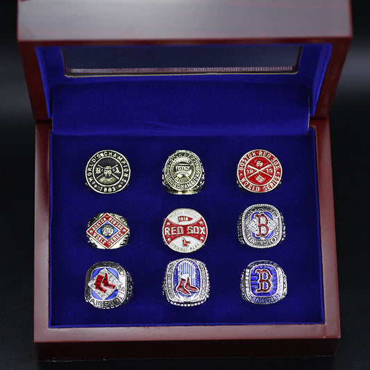 9pcs Boston Red Sox Rings With Brown Wooden Display Box Set