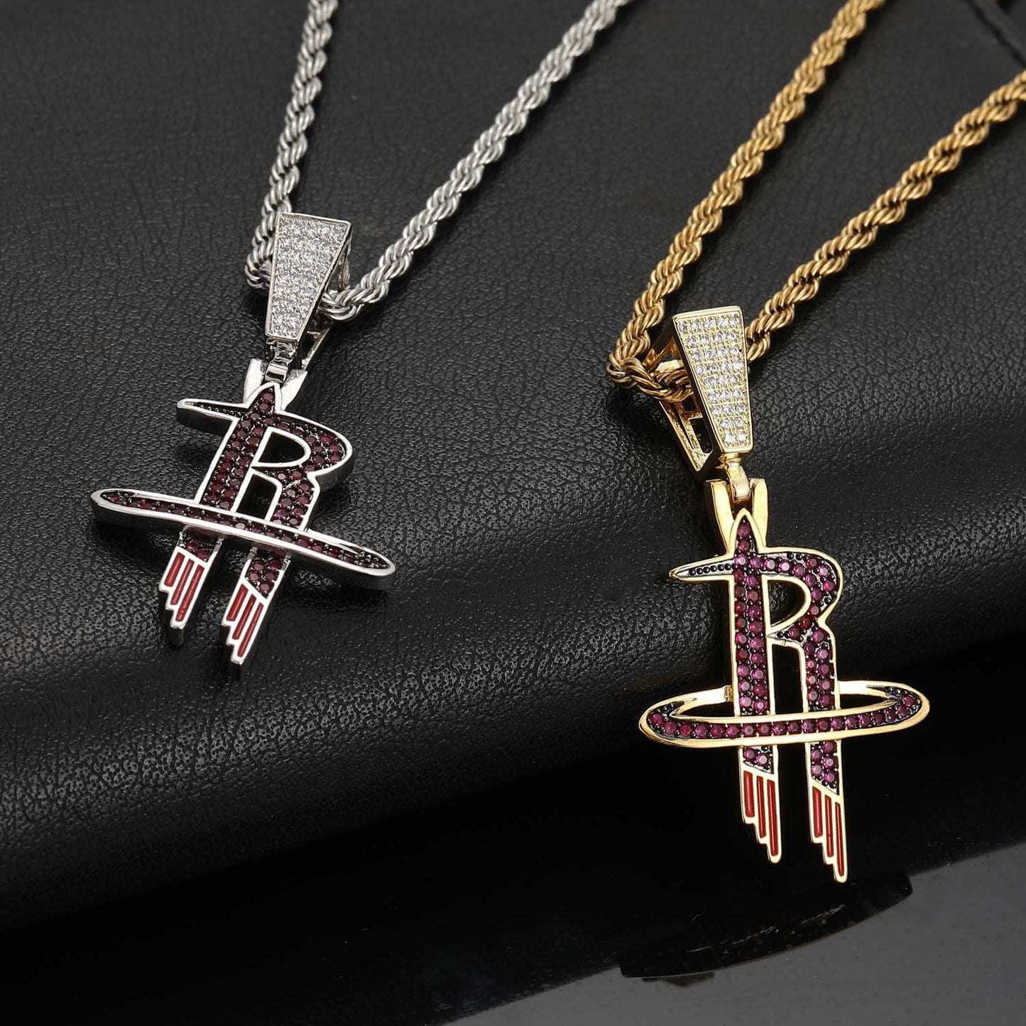 Iced Out CZ Pave Houston Rockets Basketball Pendant Necklace Hip Hop Jewelry