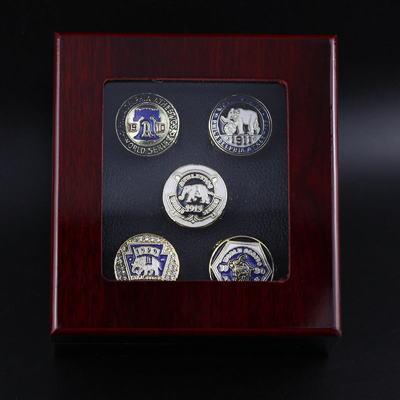 1910 1911 1913 1929 1930 Philadelphia A's Baseball World Championship Rings With Brown Wooden Display Box Set