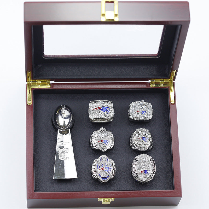 6pcs New England Patriots Super Bowl Rings With Trophies Set