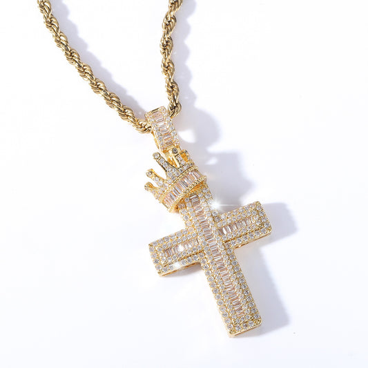 Mens hip hop jewelry iced out cubic zirconia baguette cz crown cross necklace