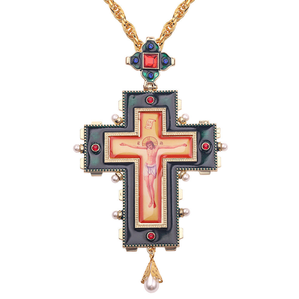 Religious Jesus Byzantine Gold Plated Russian Big Heavy Orthodox Catholic Cross Pendant Necklace For Women Men