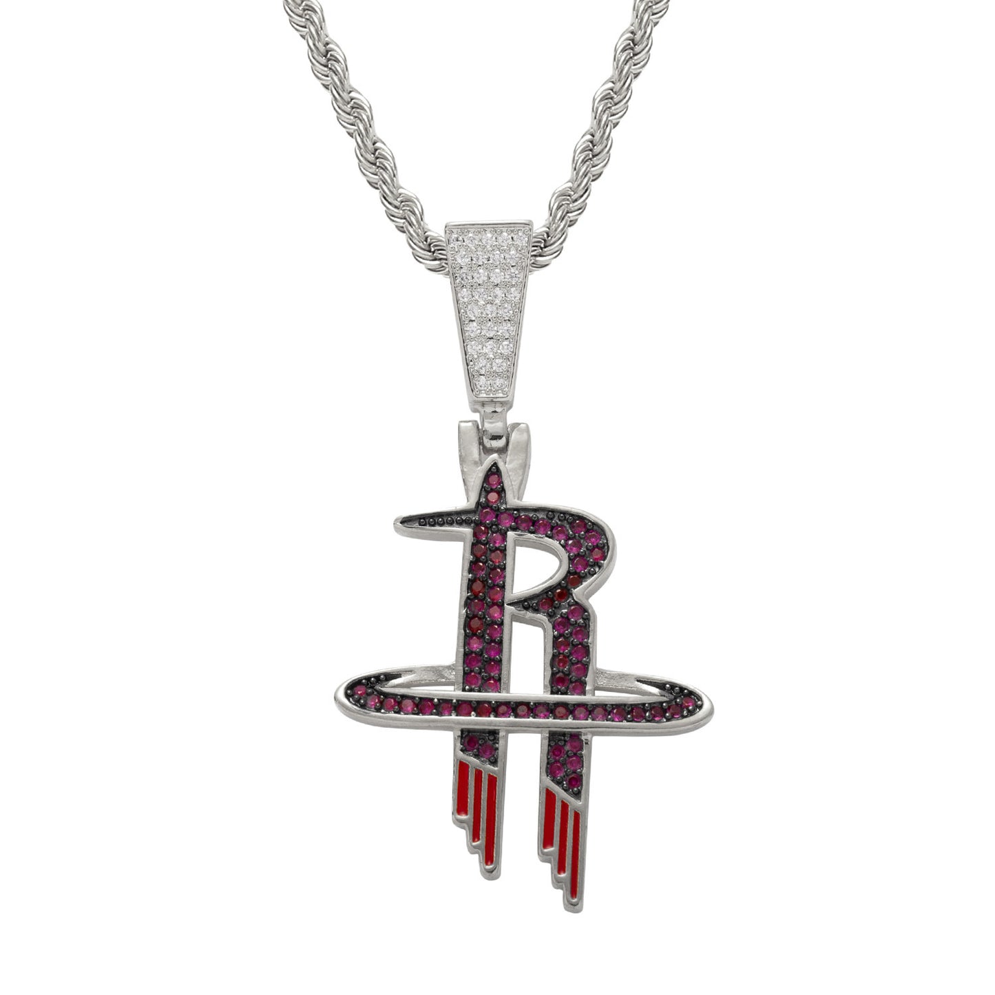 Iced Out CZ Pave Houston Rockets Basketball Pendant Necklace Hip Hop Jewelry