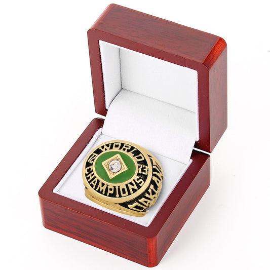 1972 Oakland A's baseball championship ring with brown wooden display box