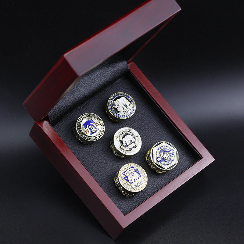 1910 1911 1913 1929 1930 Philadelphia A's Baseball World Championship Rings With Brown Wooden Display Box Set