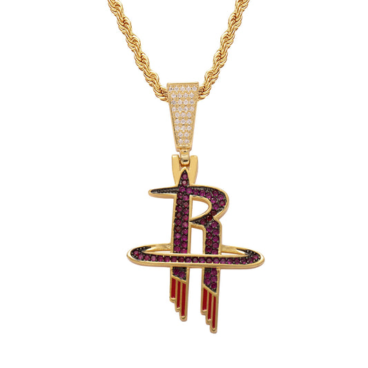 Iced Out CZ Pave Houston Rockets Basketball Pendant Necklace Hip Hop Jewelry