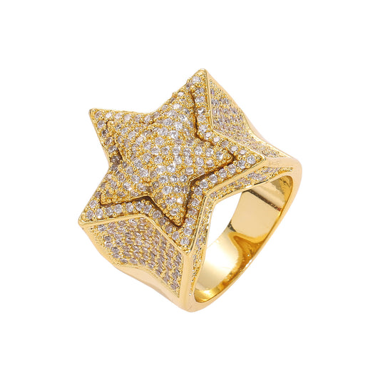 Gold plated hip hop jewelry luxury bling full iced out cz pave star finger rings for men