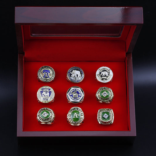 Philadelphia-Oakland A's 9 rings with brown wooden display box set for fans collection gift