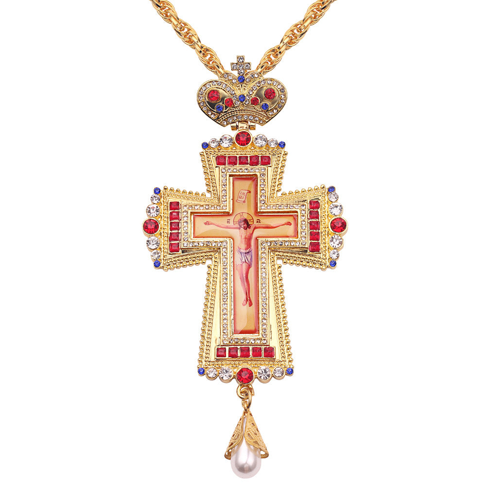 Religious Jesus Byzantine Gold Plated Russian Big Heavy Orthodox Catholic Cross Pendant Necklace For Women Men