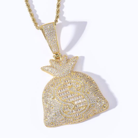 Hip hop jewelry mens iced out cz US dollar money bag necklace