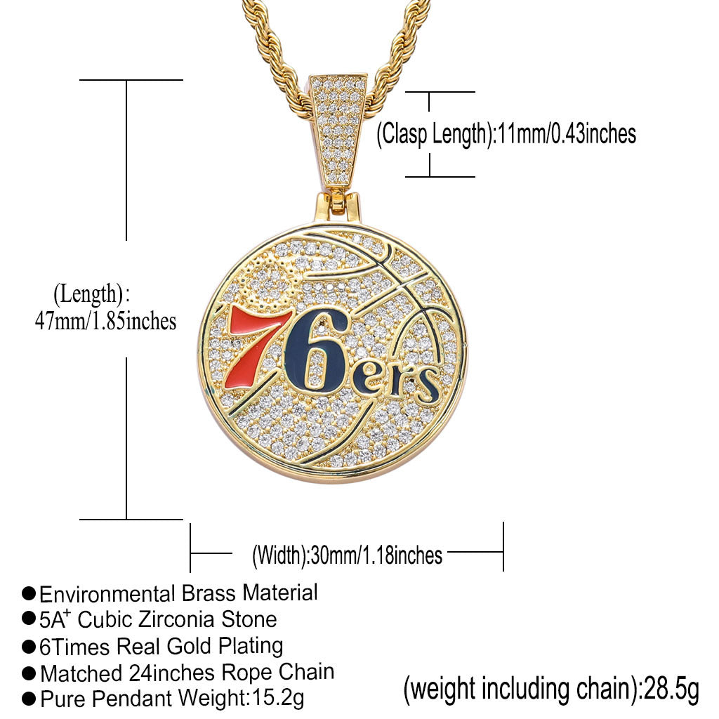 Hip hop basketball team jewelry iced out cz micro pave Philadelphia 76ers Necklace for men