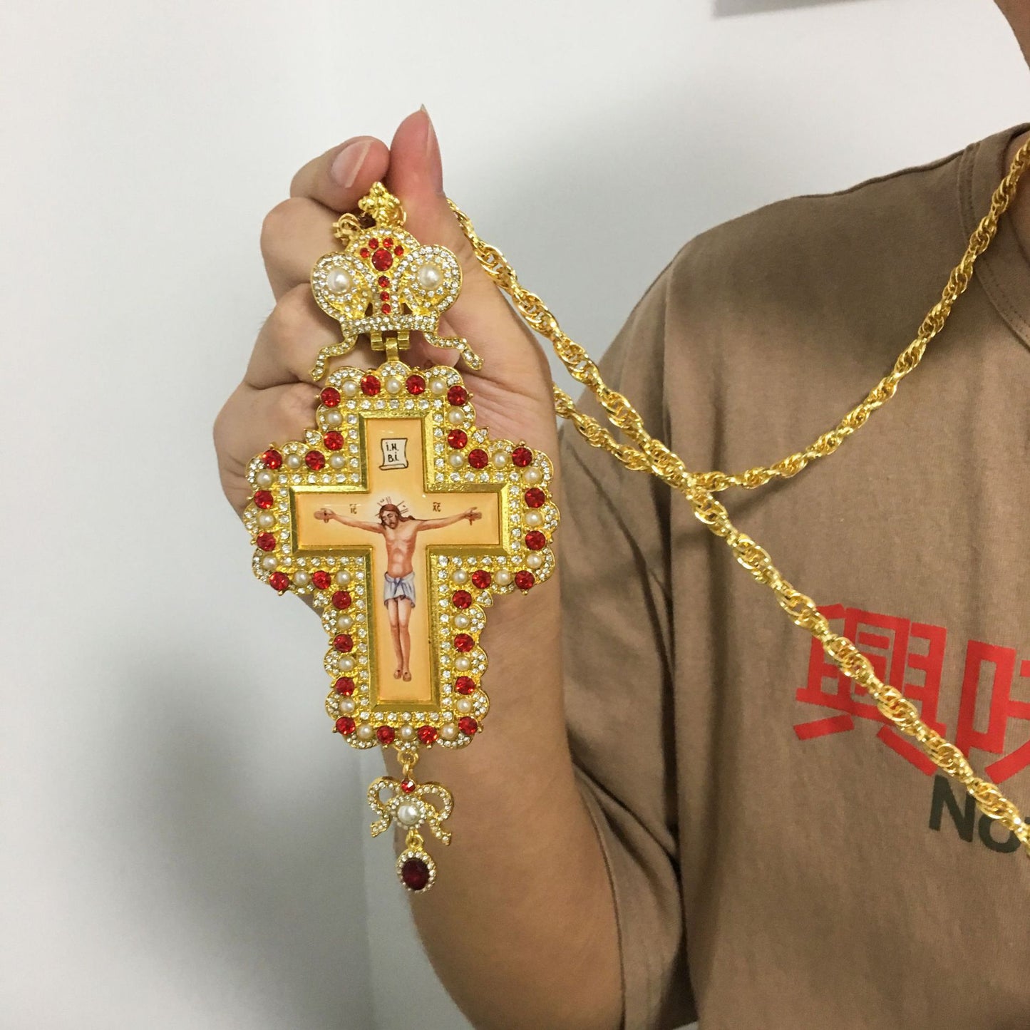 Religious Jesus Byzantine Gold Plated Russian Big Heavy Orthodox Catholic Cross Pendant Necklace For Women Men