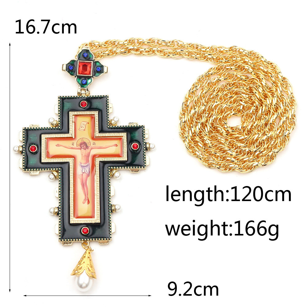 Religious Jesus Byzantine Gold Plated Russian Big Heavy Orthodox Catholic Cross Pendant Necklace For Women Men