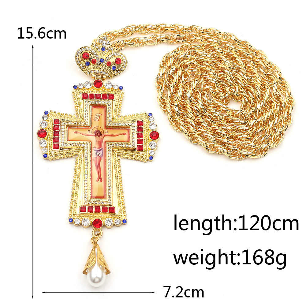 Religious Jesus Byzantine Gold Plated Russian Big Heavy Orthodox Catholic Cross Pendant Necklace For Women Men