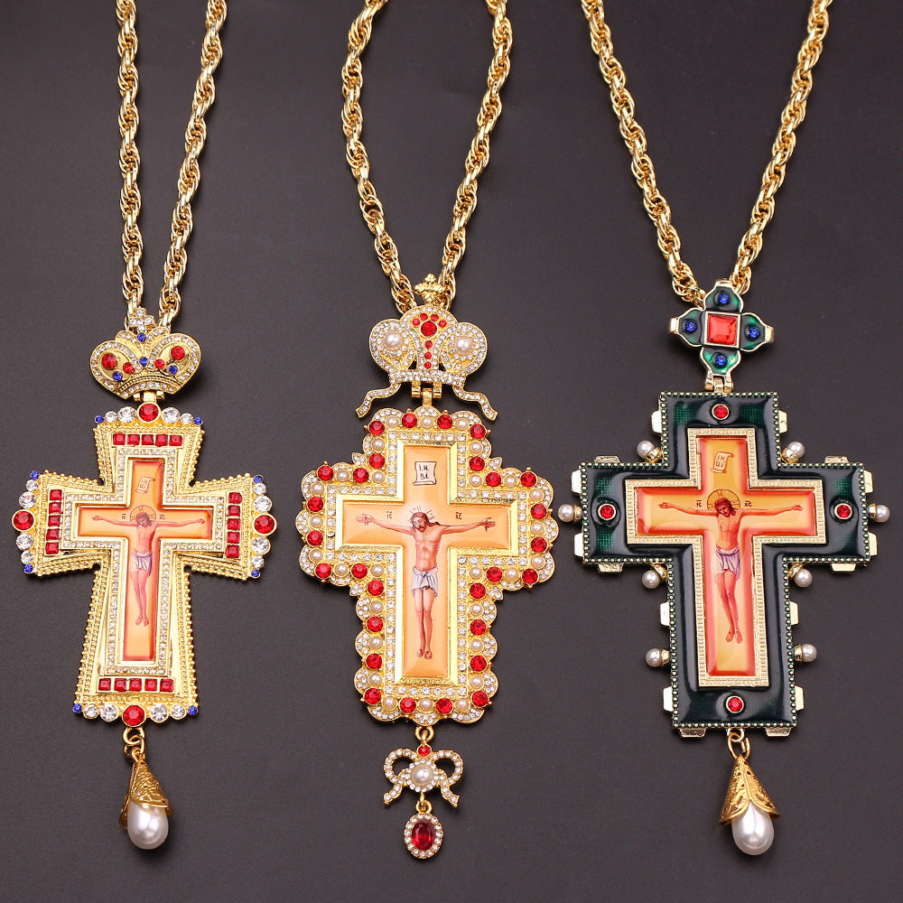 Religious Jesus Byzantine Gold Plated Russian Big Heavy Orthodox Catholic Cross Pendant Necklace For Women Men