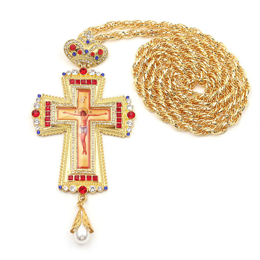 Religious Jesus Byzantine Gold Plated Russian Big Heavy Orthodox Catholic Cross Pendant Necklace For Women Men