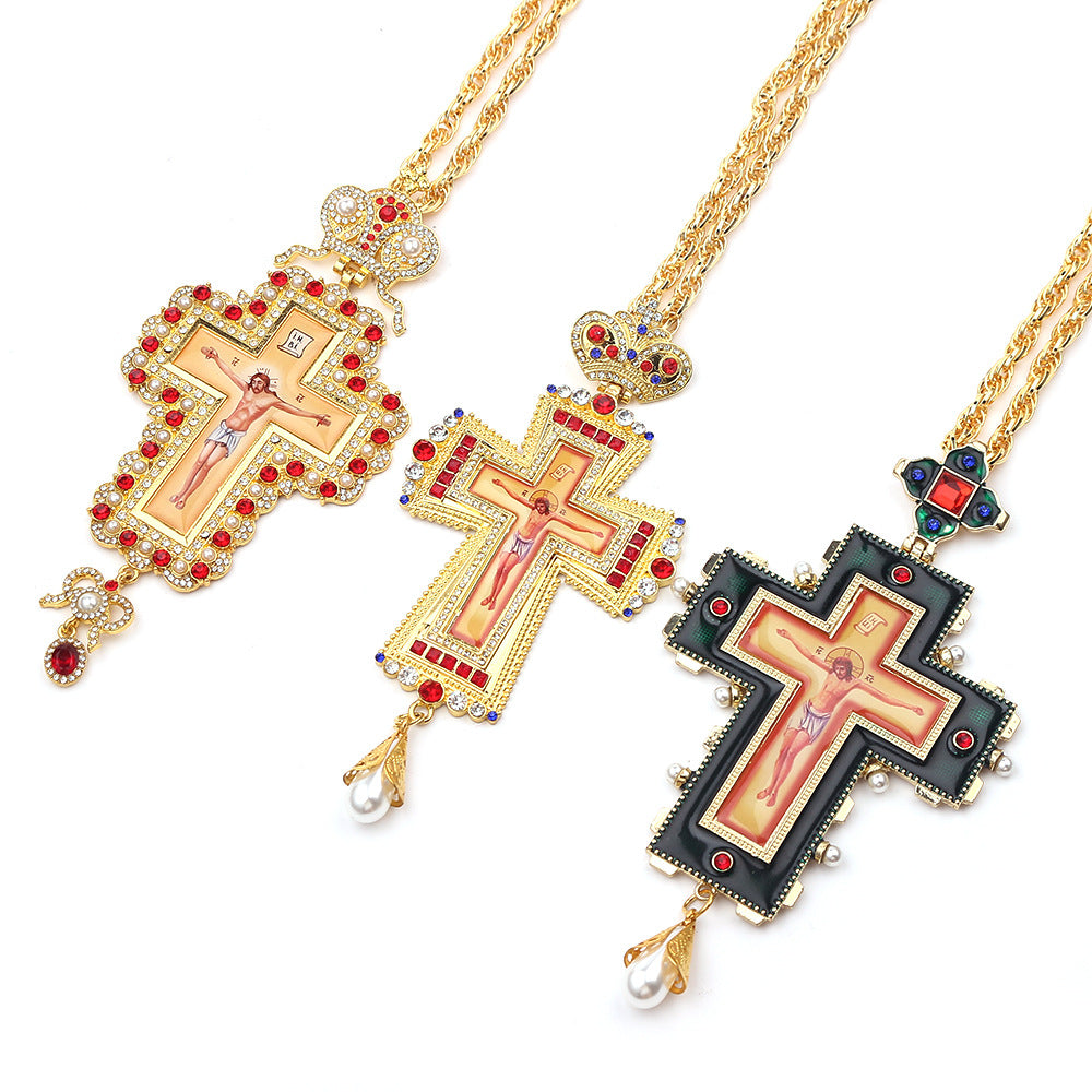 Religious Jesus Byzantine Gold Plated Russian Big Heavy Orthodox Catholic Cross Pendant Necklace For Women Men