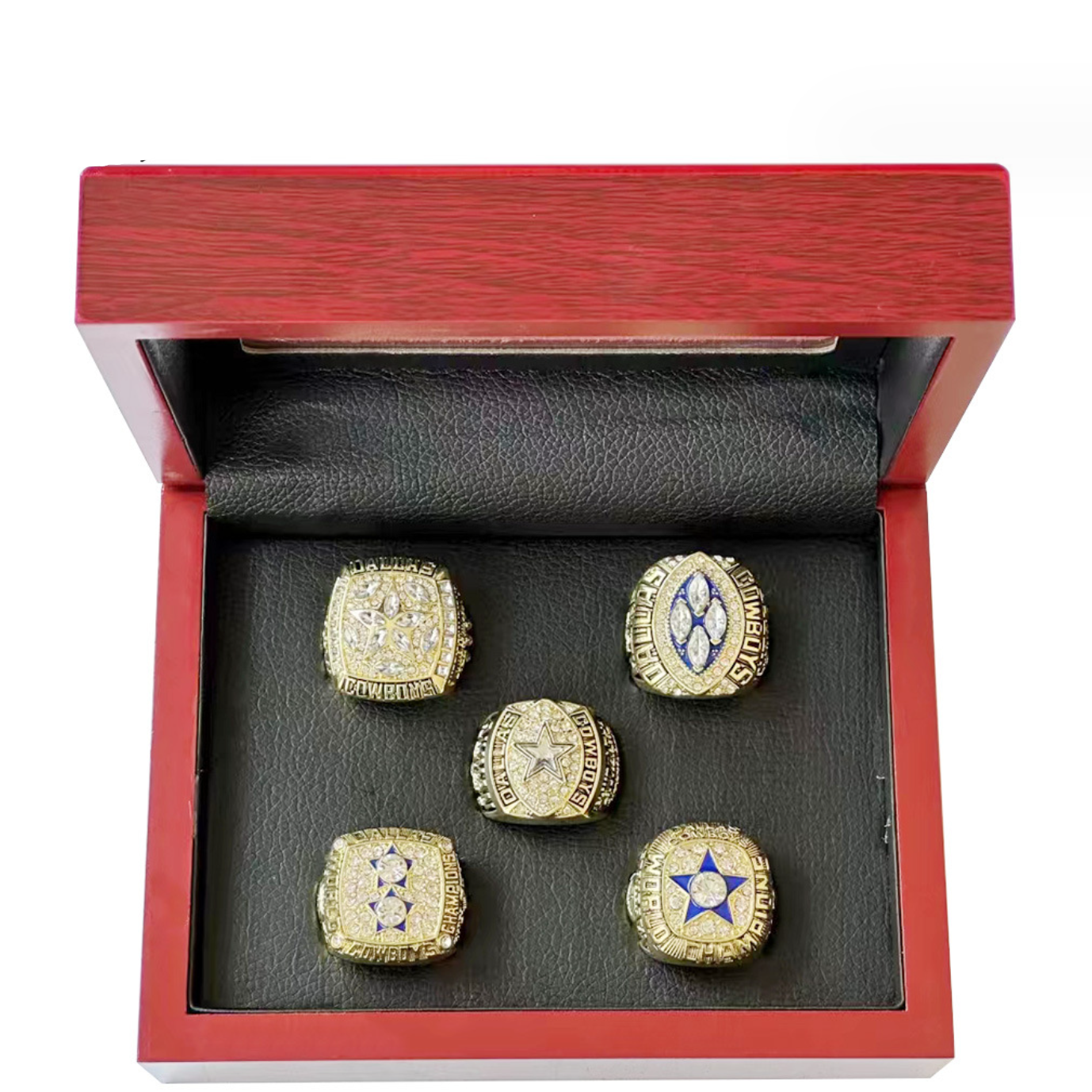 Dallas Cowboys 5 rings championship rings set with brown wooden display box- gold and silver color available