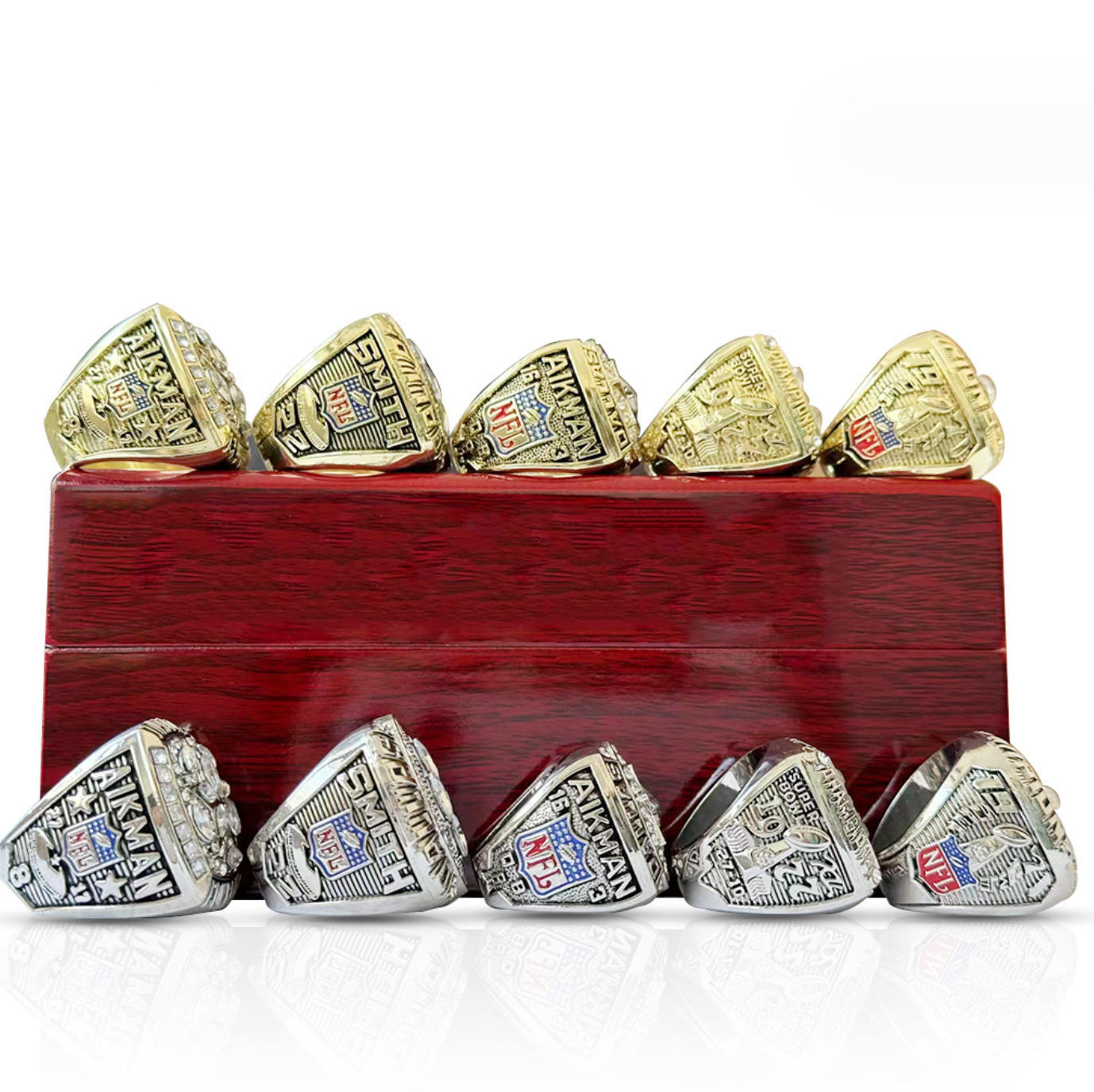 Dallas Cowboys 5 rings championship rings set with brown wooden display box- gold and silver color available