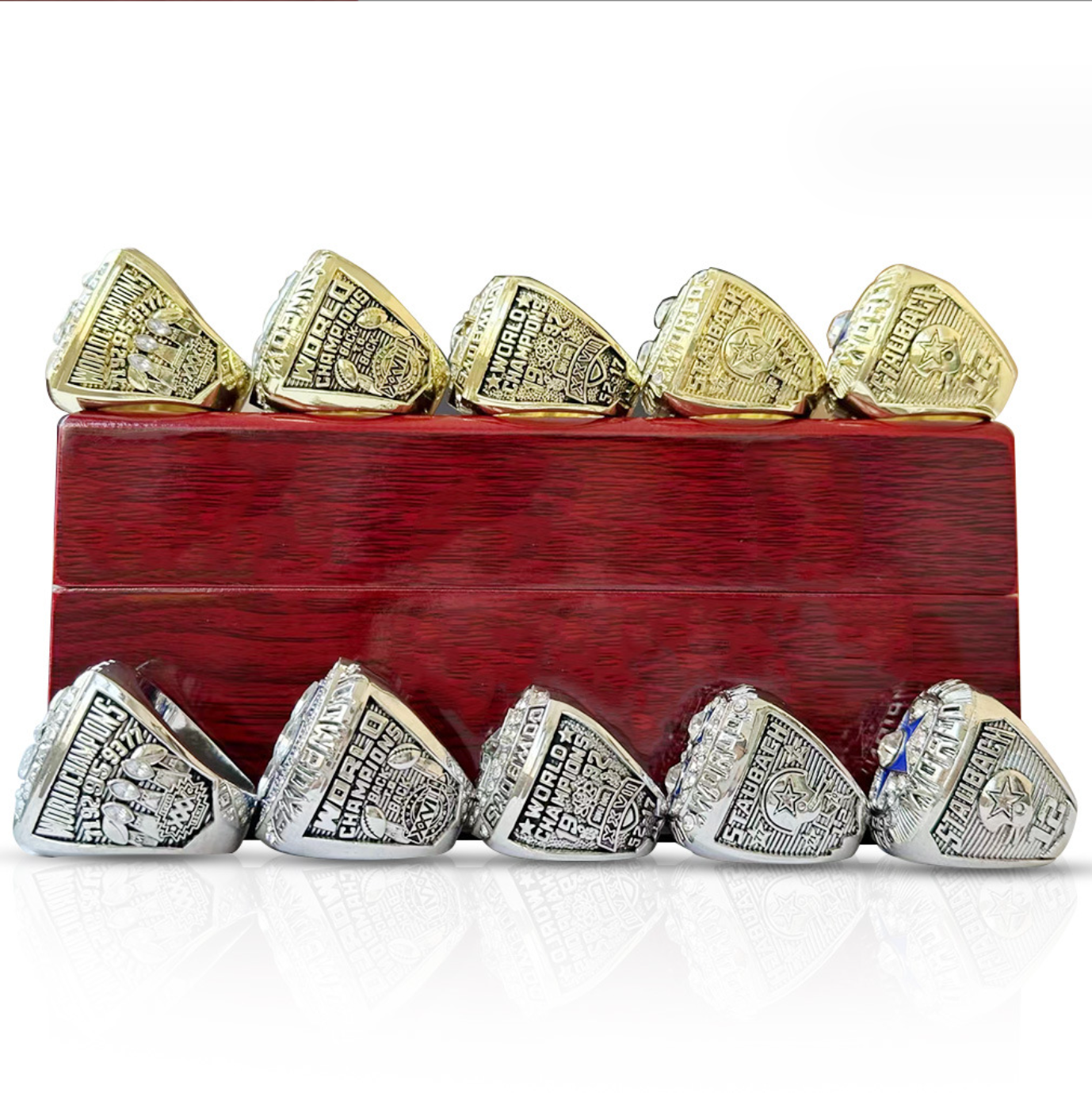 Dallas Cowboys 5 rings championship rings set with brown wooden display box- gold and silver color available