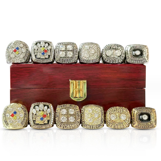 Pittsburgh Steelers 6 championship rings with brown wooden display box set-gold,silver color available