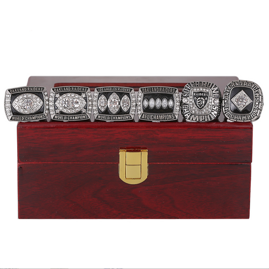 Oakland Raiders 6 Championship Rings with Brown Wooden Display Box Set