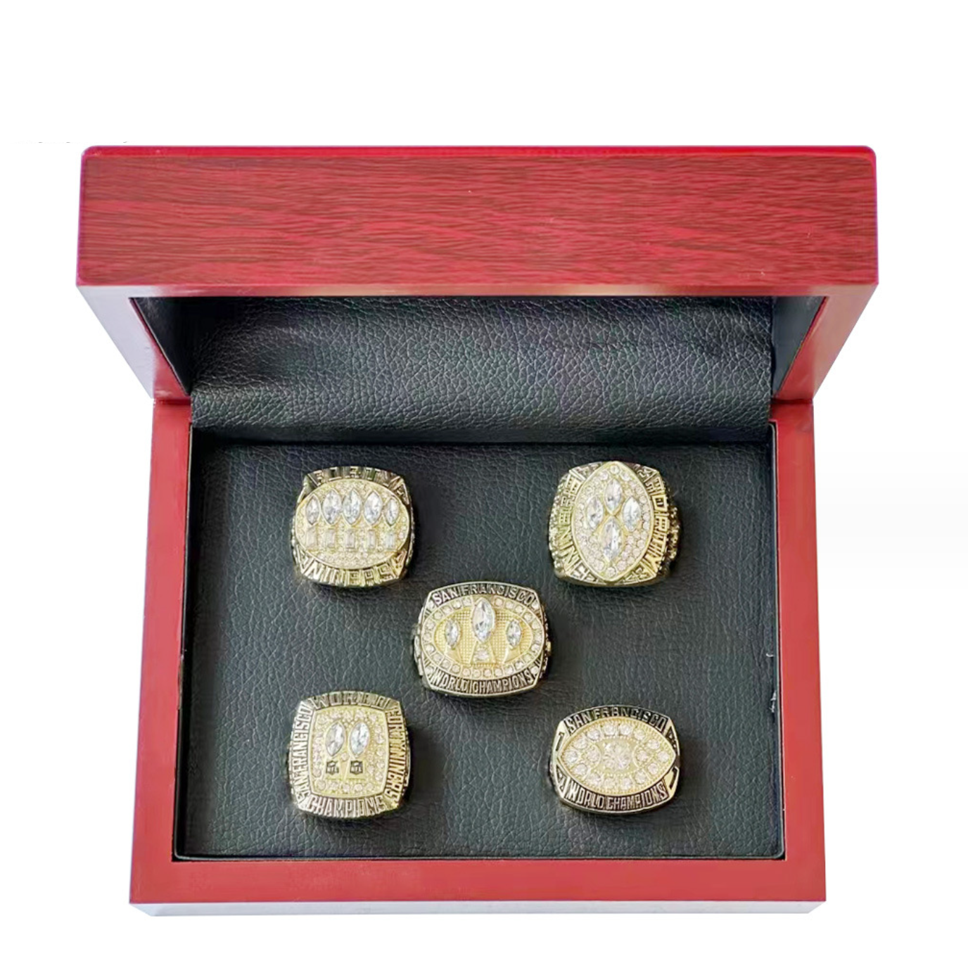 San Francisco SF 49ers 5 Rings With Brown Wooden Display Box- gold color