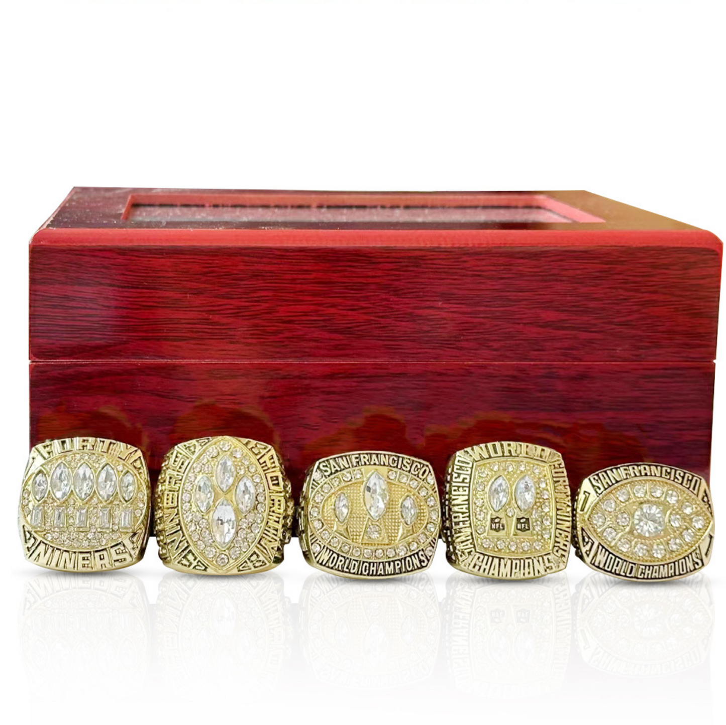 San Francisco SF 49ers 5 Rings With Brown Wooden Display Box- gold color