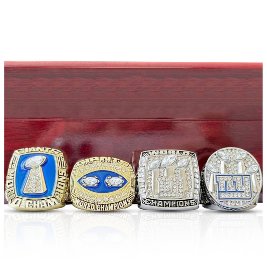 New York NY Giants 4 Rings with Brown Wooden Display Box Set