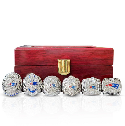 New England NE Patriots 6 Rings with brown wooden display box SET,silver color