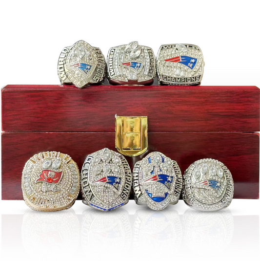 6 Patriots,1 Buccaneers TOM BRADY Championship Rings With Brown Wooden Display Box Set