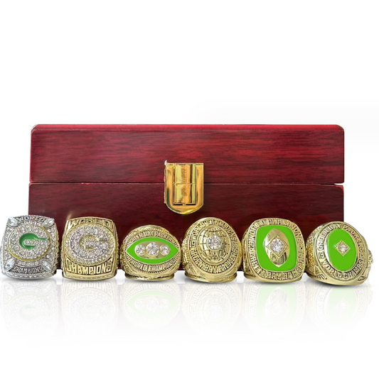 6 Green Bay Packers Rings With brown wooden display box SET