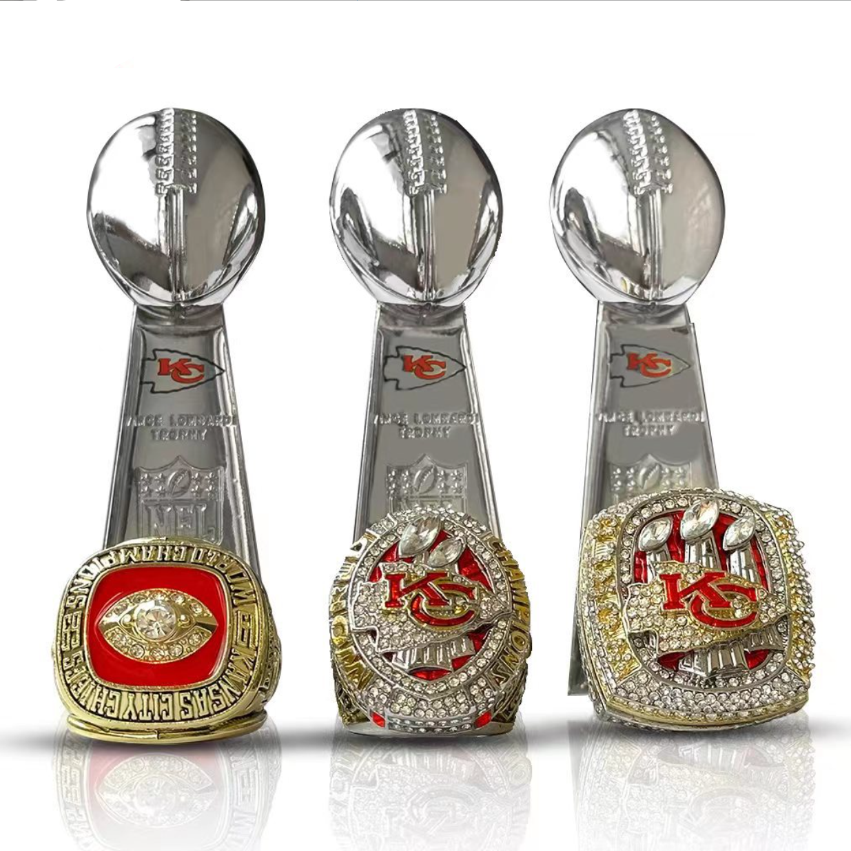 1969 2019 2023 KC Chief Super Bowl Rings With NFL Trophies Set