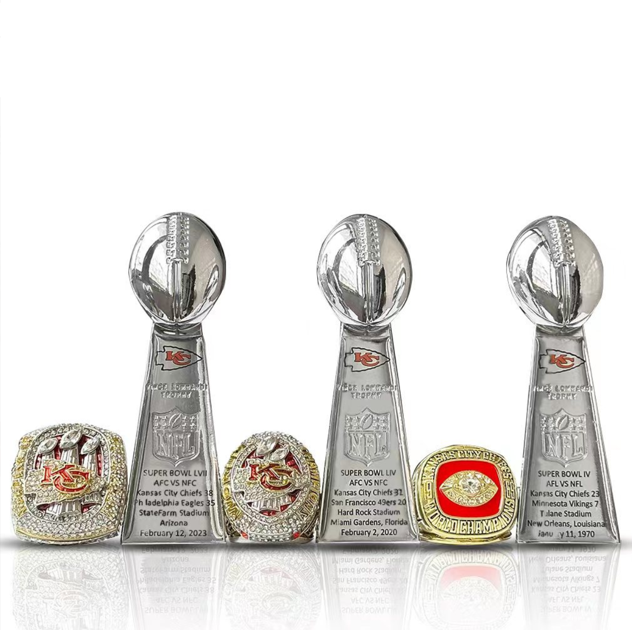 1969 2019 2023 KC Chief Super Bowl Rings With NFL Trophies Set