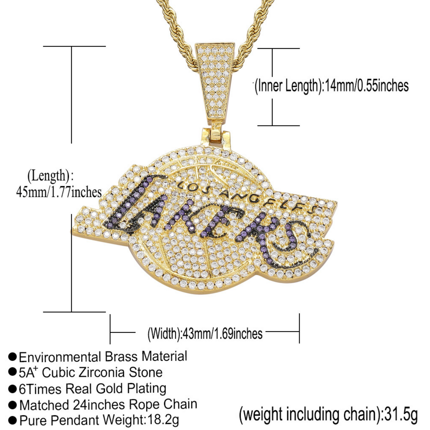 Hip hop jewelry iced out cubic zirconia cz mirco pave LA Lakers championship necklace for fans