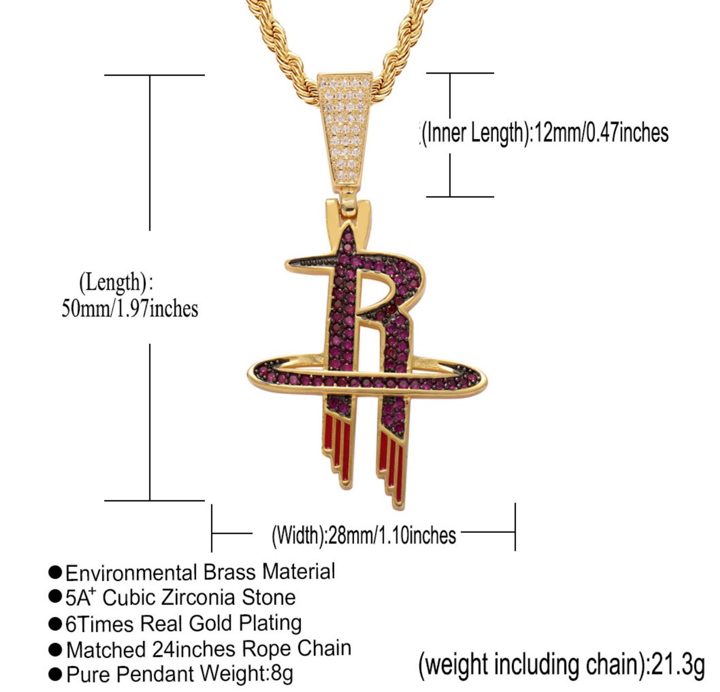 Iced Out CZ Pave Houston Rockets Basketball Pendant Necklace Hip Hop Jewelry