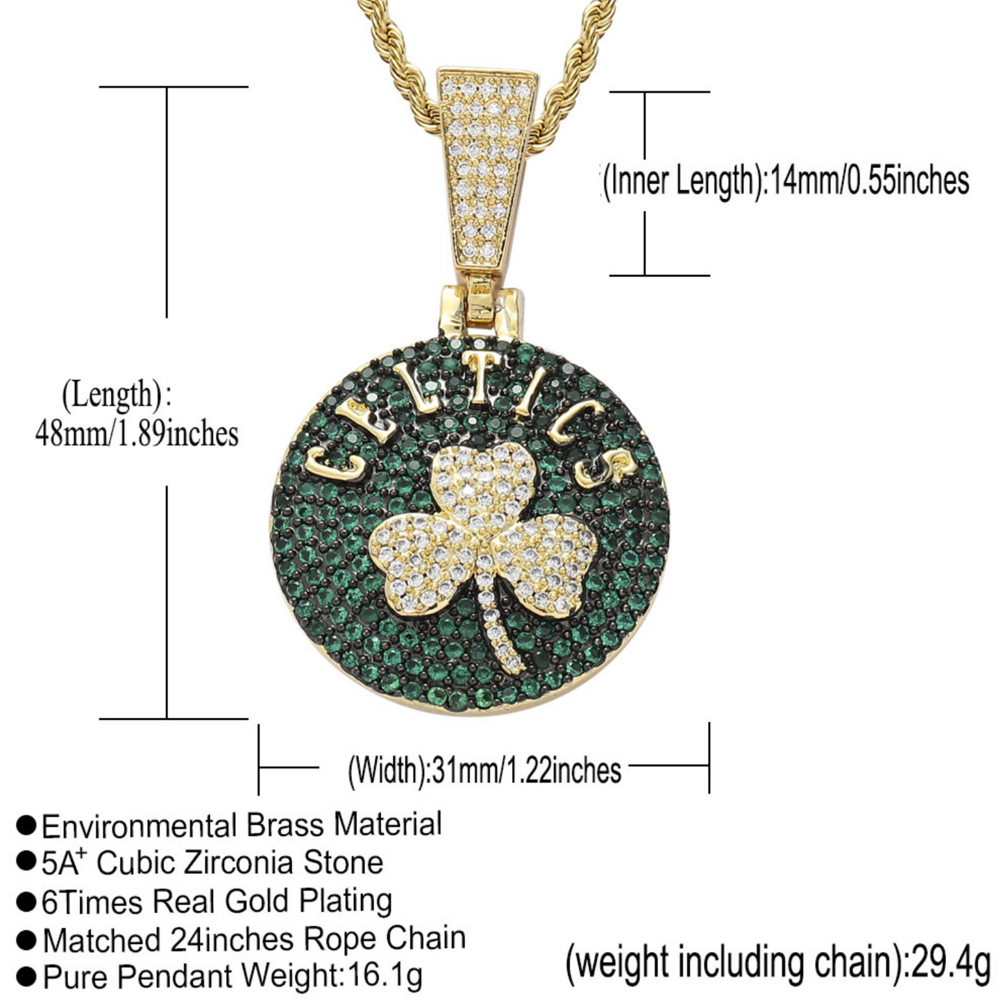 Iced Out CZ Micro Pave Basketball Boston Celtics Hiphop Jewelry Necklace