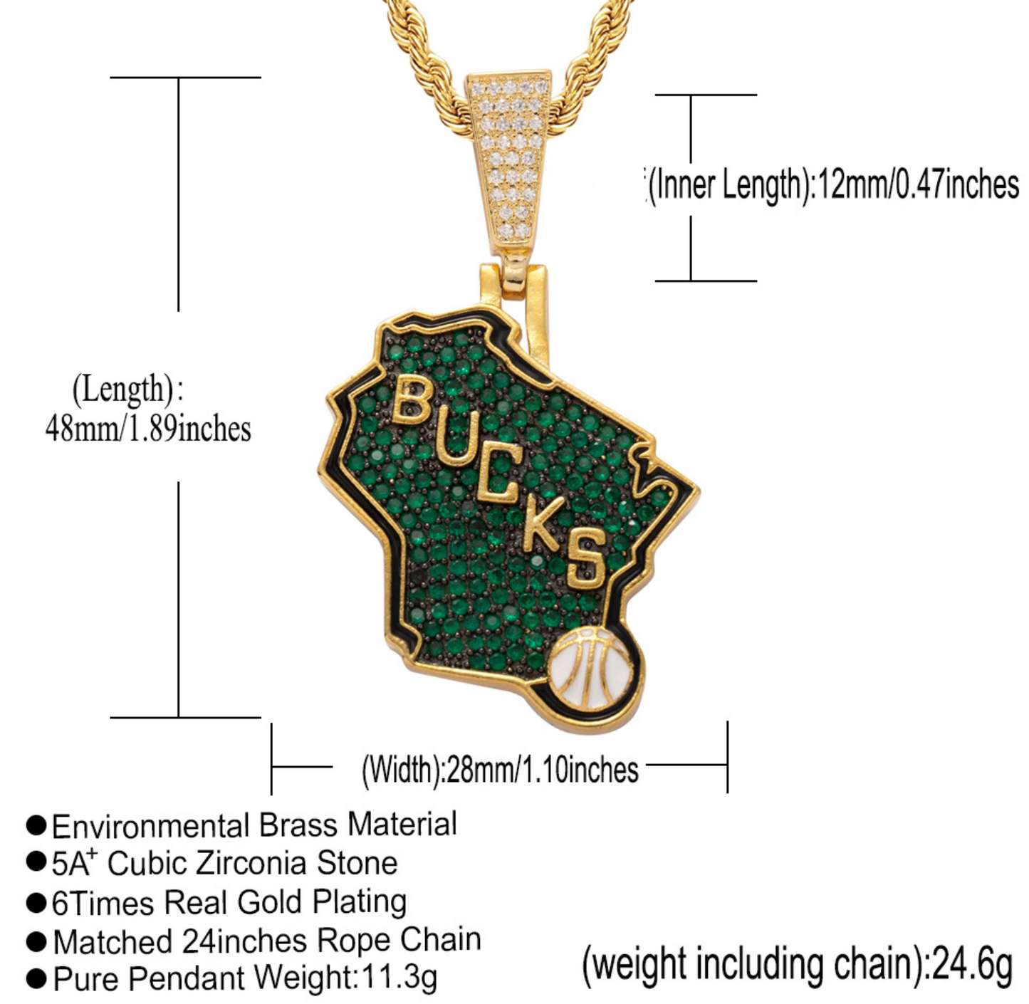 Hiphop Style Iced out cz pave Bucks pendant necklace for basketball fans