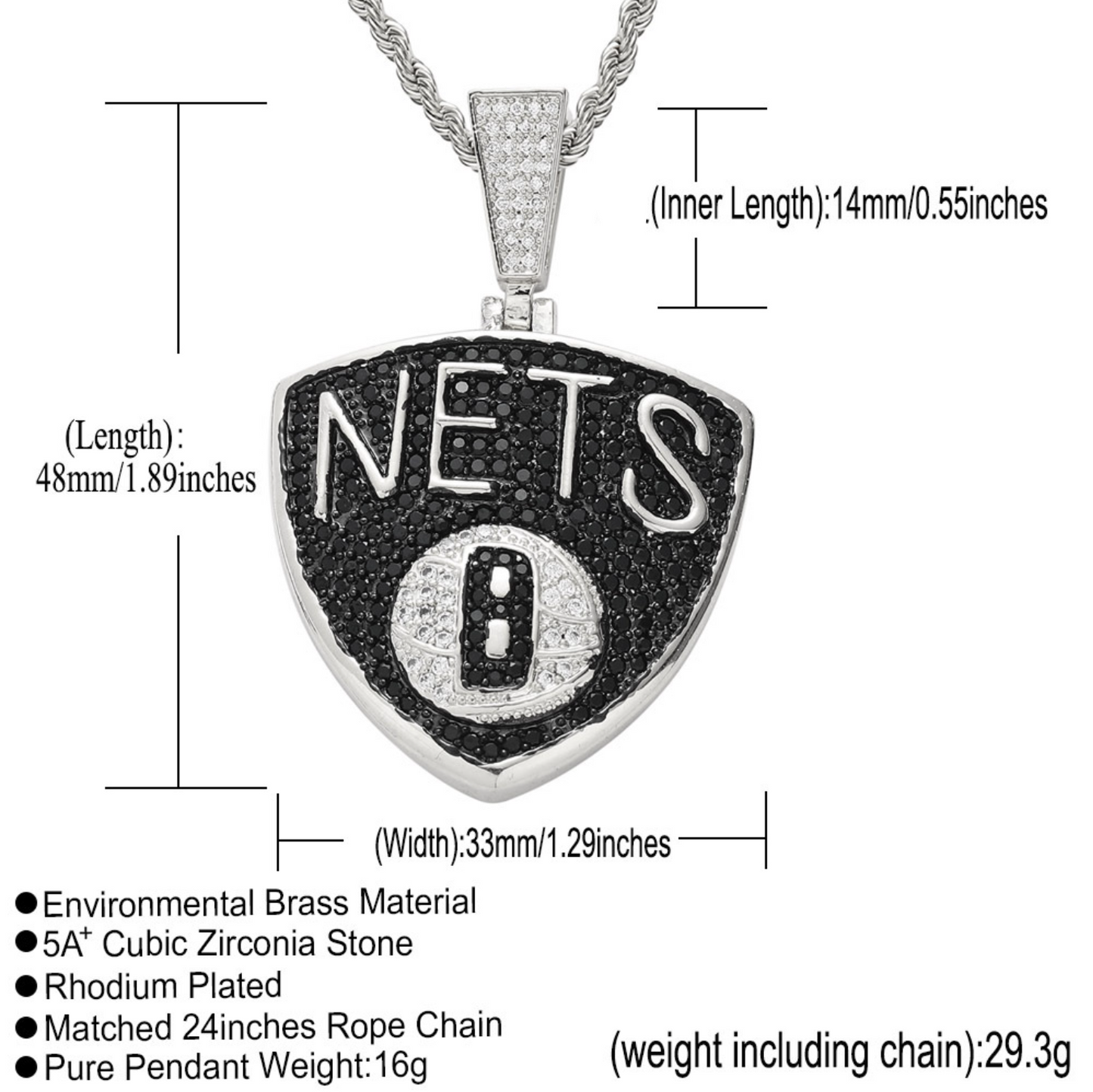 Basketball team NETS pendant necklace iced out cz hip hop jewelry for men